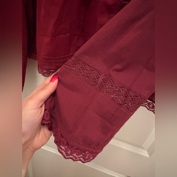Free People Forevermore Crochet Lace Blouse Burgundy Boho Cotton Top Size L - Picture 9 of 13